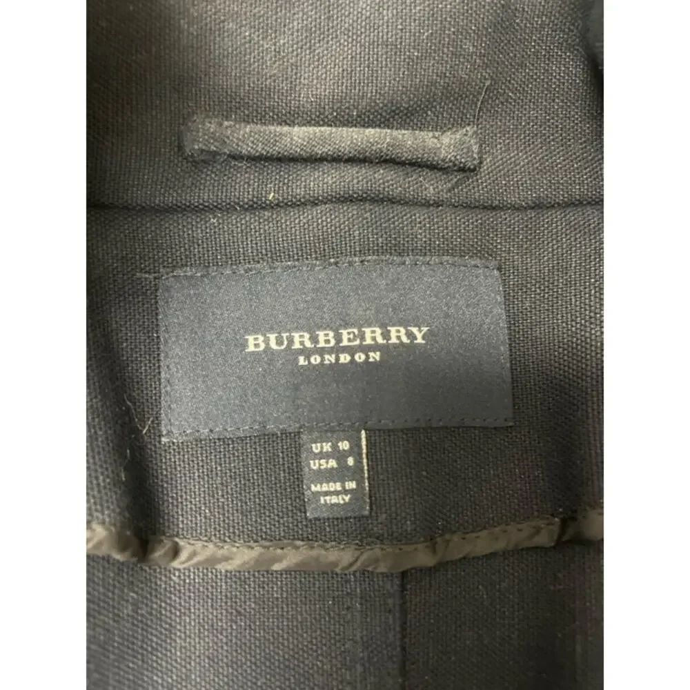 BURBERRY LONDON Blue Navy Collared Brown Leather Belted Jacket Blazer US 8 - Picture 4 of 5